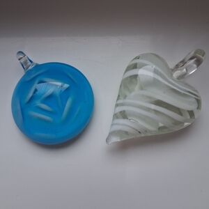 Blue Rose And White Spiral Heart Blown Glass Handmade Pendant Duo